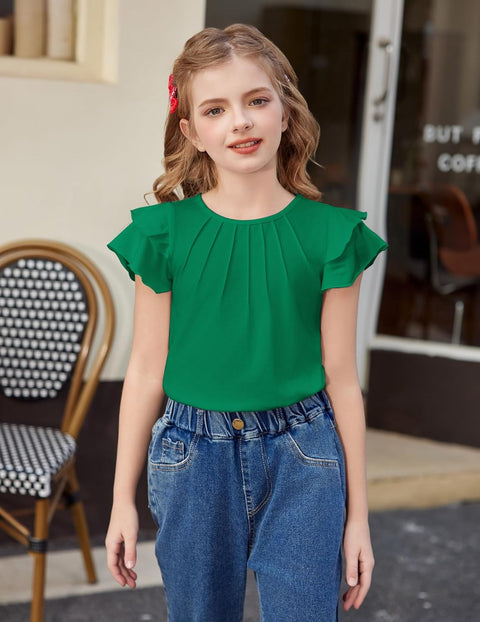 Arshiner Girls T Shirts Ruffle Short Sleeve Pleated Casual Tops