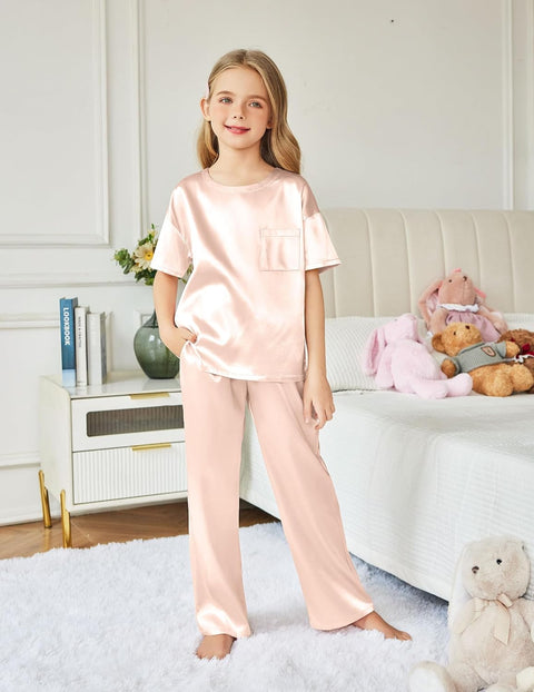 Arshiner Girls' Pajama Sets Satin Soft Silk Pjs Lounge Set Sleepwear