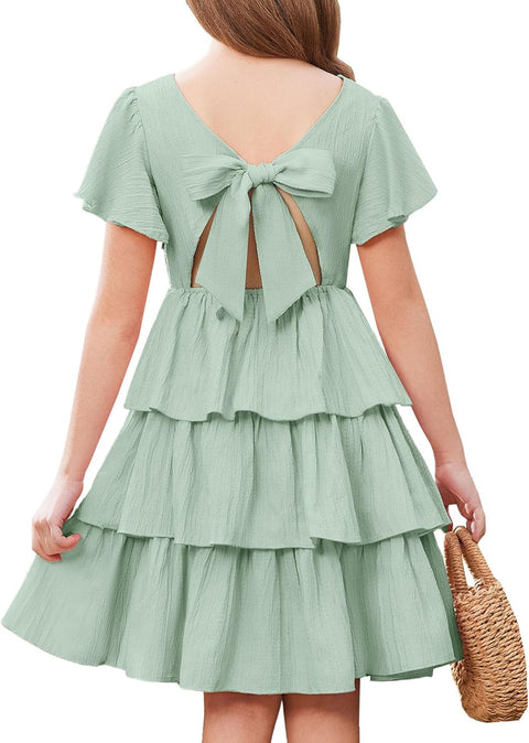 Arshiner Girls Dresses Elegant Ruffle Short Sleeve Back Tie Tiered Dresses