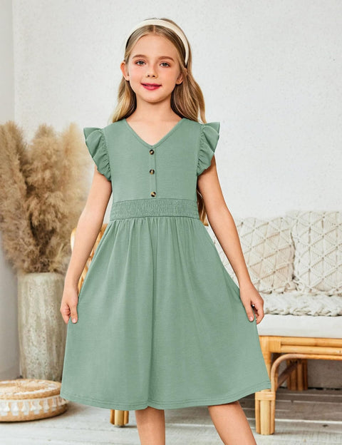 Arshiner Girls Dresses Ruffle Sleeve A-Line V-Neck Sundress
