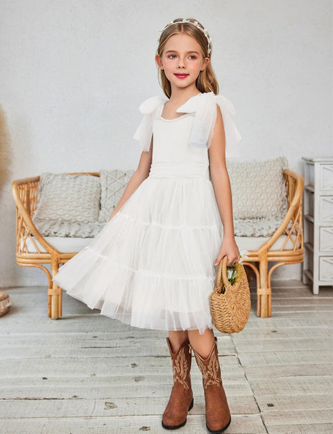 Arshiner Girls Dresses Sleeveless Bow-Tie Straps Tulle Dress