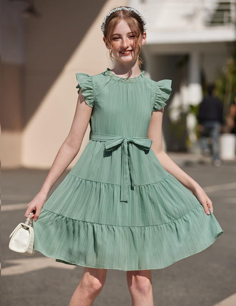 Arshiner Tween Girls Summer Dress Formal Ruffle Sleeve A Line Casual Elegant Dresses with Belt