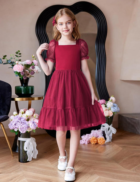【6-16Y】Arshiner Girls Dresses Tulle Bow Tie Back Puff Sleeve Dress