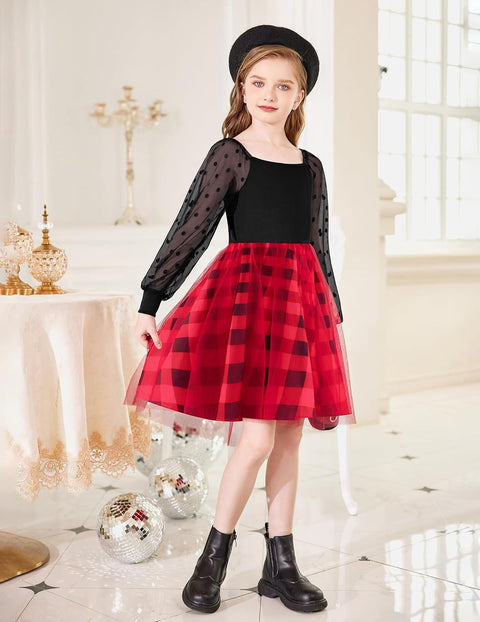 Arshiner Girl Tulle Dress Puff Long Sleeve Teen Girls Party Casual Dresses