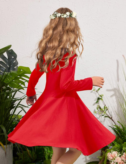 Arshiner Girls Long Sleeve Stretchy Dress A line Twirly Skater School Party Dress