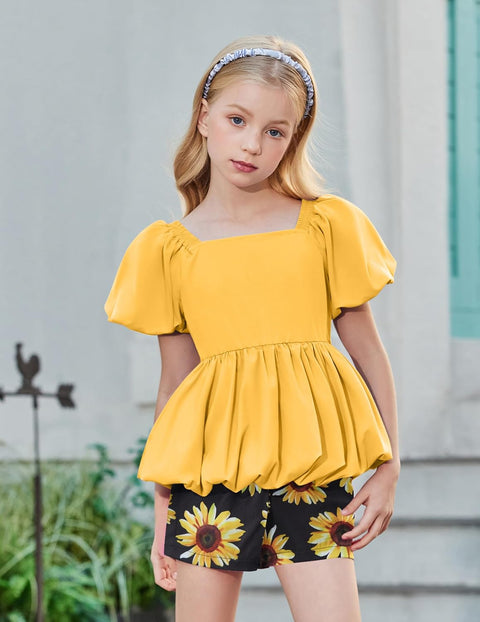 Arshiner Girls 2 Piece Sets Puffed Sleeve Bubble Hem Tops and Short Set