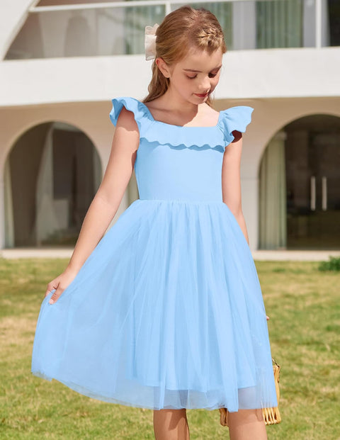 Arshiner Girls Dresses Square Neck Ruffle Sleeve Tulle Dress 6-14 Years