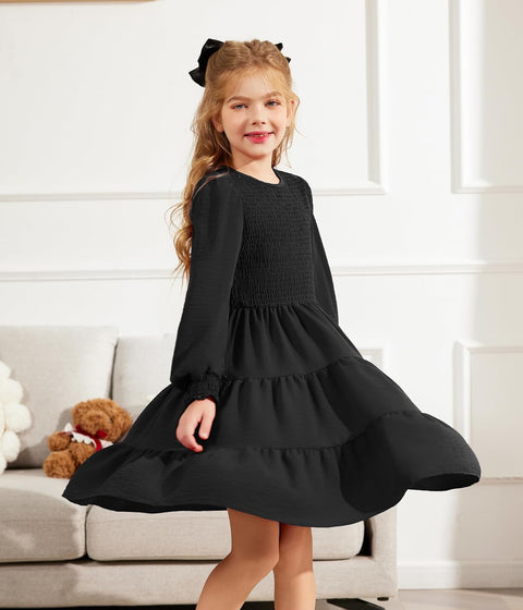 Arshiner Girls Dress Fall Boho Long Sleeve Shirred Smocked Tiered Party Dresses