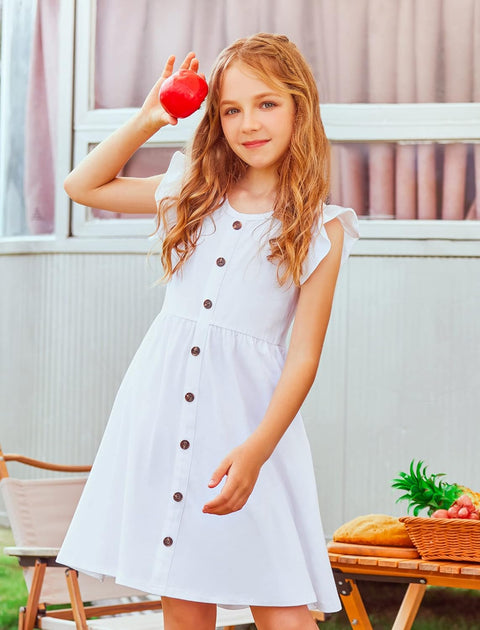 Arshiner Girls Dress Flutter Sleeve A-Line Button Down Sundress