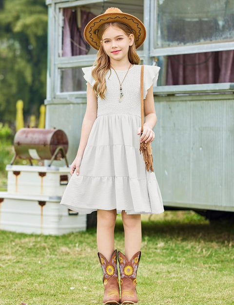 Arshiner Girls Dress Ruffle Sleeve Smocked Tiered Sundress