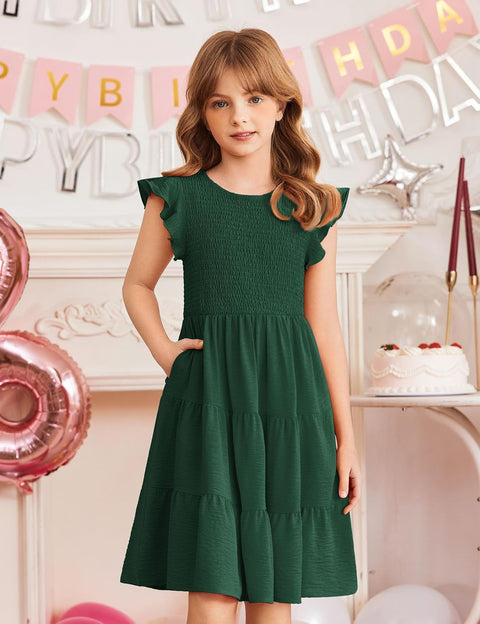 Arshiner Girls Dress Ruffle Sleeve Smocked Tiered Sundress