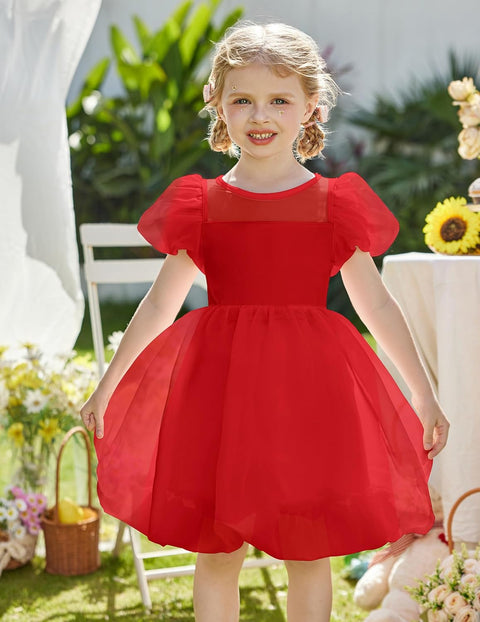 Arshiner Girls Dress Contrast Mesh Puff Flowy Bubble Hem Dresses