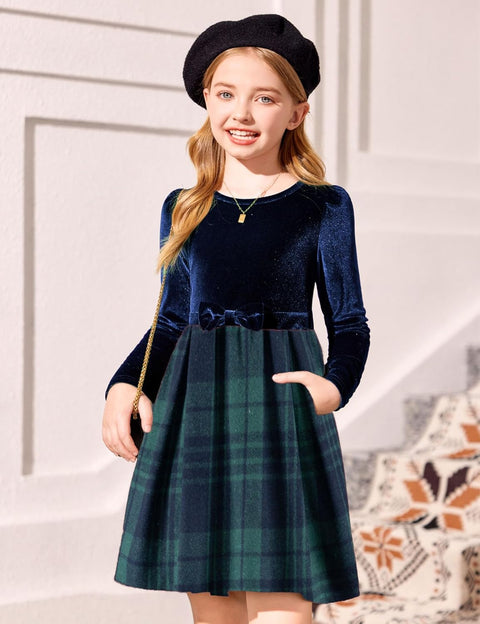 Arshiner Girls Dresses Velvet Plaid Patchwork Party Dress