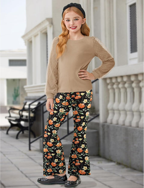 Arshiner Girls 2 Piece Outfits Knit Tulle Puff Top and Flare Pants Set