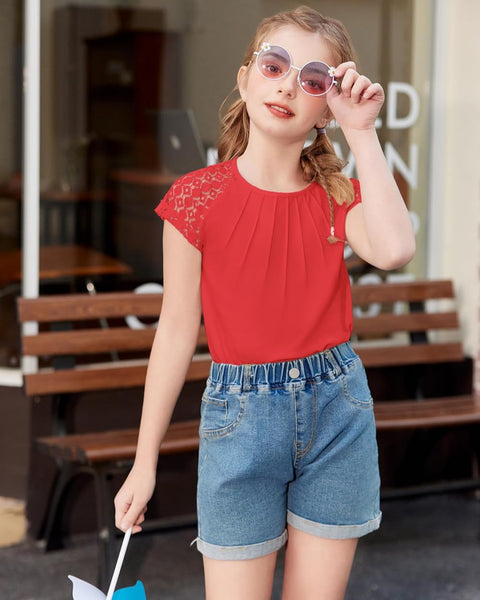 Arshiner Girls Shirts Short Sleeves Lace Pleated Kids Tops