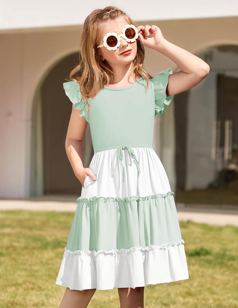 Arshiner Girl's Dress Ruffle Sleeve Tiered Dresses with Pockets 5-12 Years