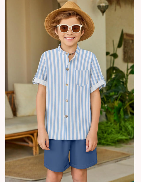 Arshiner Boy's 2 Piece Outfit Short Sleeve Textured Shirt and Short Sets