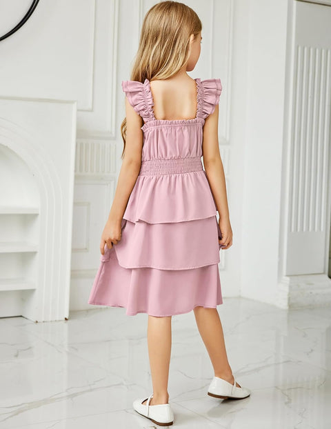 [6-14Y] Arshiner Girls Dresses Ruffle Flutter Sleeve Floral Tiered Party Dress