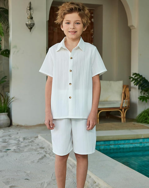 [5Y-12Y] Arshiner Boy's Textured Button Up Shirt and Shorts Set