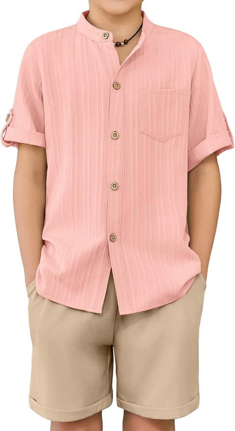 Arshiner Boy's 2 Piece Outfit Short Sleeve Textured Shirt and Short Sets