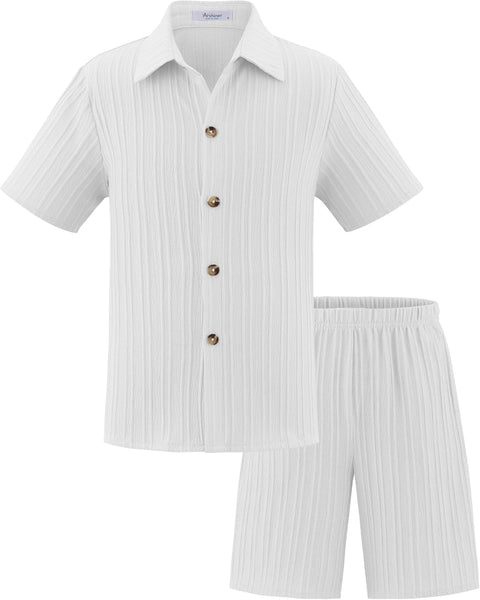 [5Y-12Y] Arshiner Boy's Textured Button Up Shirt and Shorts Set