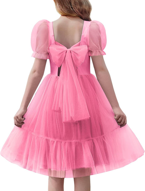 【6-16Y】Arshiner Girls Dresses Tulle Bow Tie Back Puff Sleeve Dress