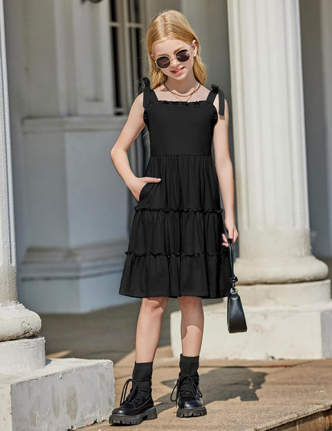 Arshiner Girls Dress Tween Boho Bowknot Strap Swing Flowy Dress