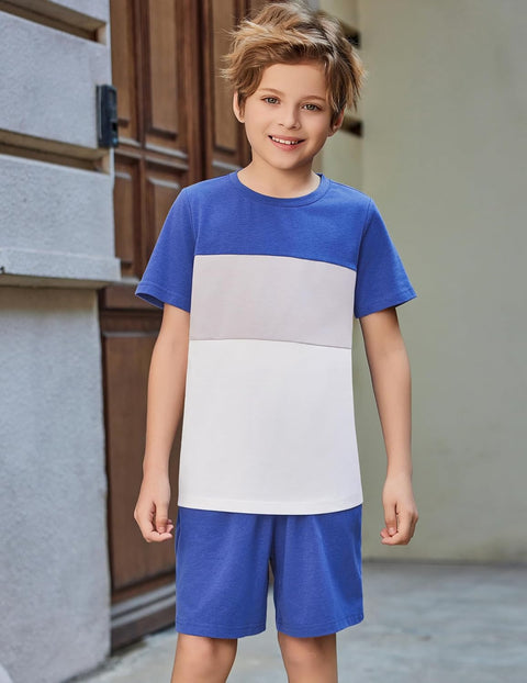 Arshiner Boys' 2-Piece Cotton Outfit Color Block T-Shirt and Shorts Set