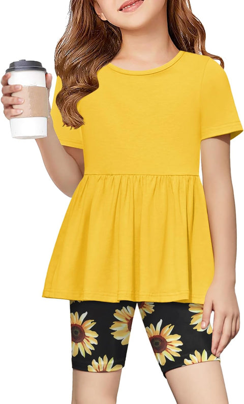 Arshiner Girls Summer Outfits Short Sleeve Ruffle Hem Top and Biker Shorts Set Girl Clothes 6-14 Years