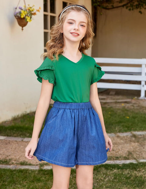 Arshiner Girls T Shirts Double Layer Ruffle Short Sleeve V Neck Tops Tee