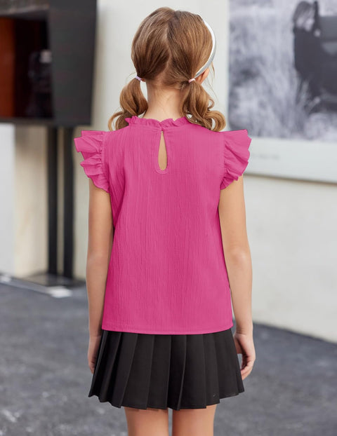 Arshiner Girls Ruffle Short Sleeve Shirts Frill Neck Pleated Blouse Tops