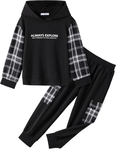 Arshiner Boys Plaid & Letter Graphic Hoodie Sweatshirt and Sweatpants