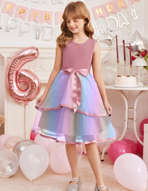 Arshiner Girls Dress Formal Party Fluffy Tulle Sleeveless Belted Dresses 3-11Y