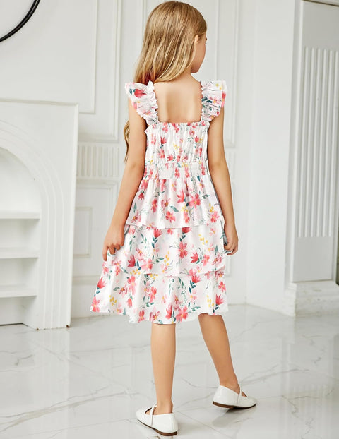 [6-14Y] Arshiner Girls Dresses Ruffle Flutter Sleeve Floral Tiered Party Dress
