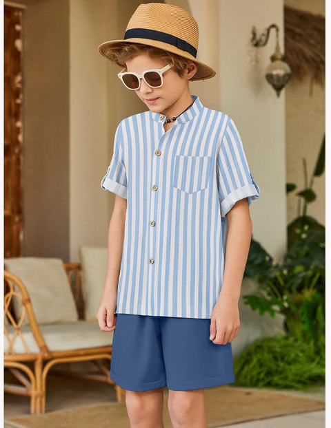 Arshiner Boy's 2 Piece Outfit Short Sleeve Textured Shirt and Short Sets