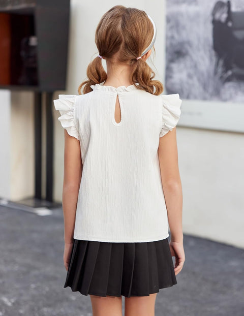 Arshiner Girls Ruffle Short Sleeve Shirts Frill Neck Pleated Blouse Tops