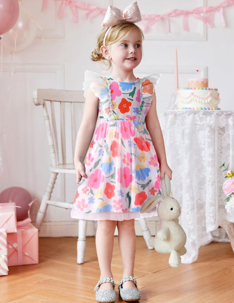 【2-8Y】Arshiner Toddler Dress Ruffle Sleeve V-Back Tie Waist Girl Dresses