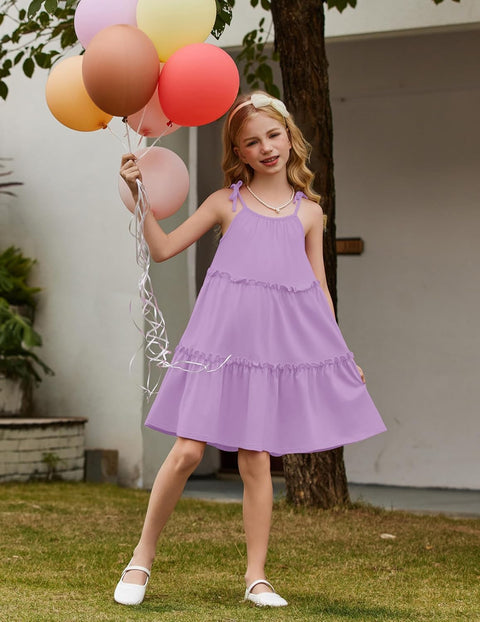 Arshiner Girl Dresses Boho A-Line Swing Flowy Ruffle Tiered Sundress with Pockets