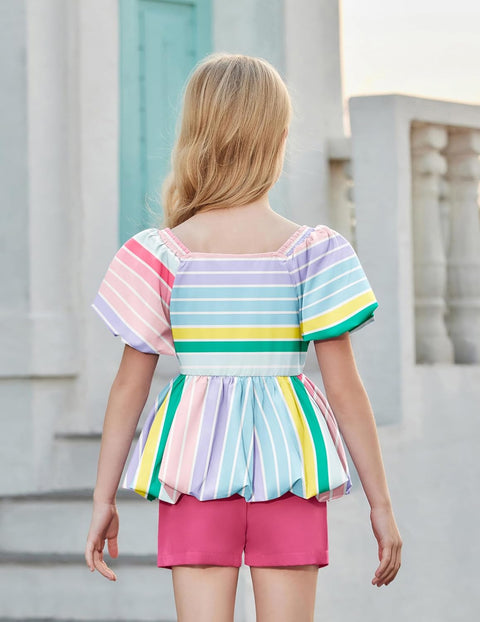 Arshiner Girls 2 Piece Sets Puffed Sleeve Bubble Hem Tops and Short Set