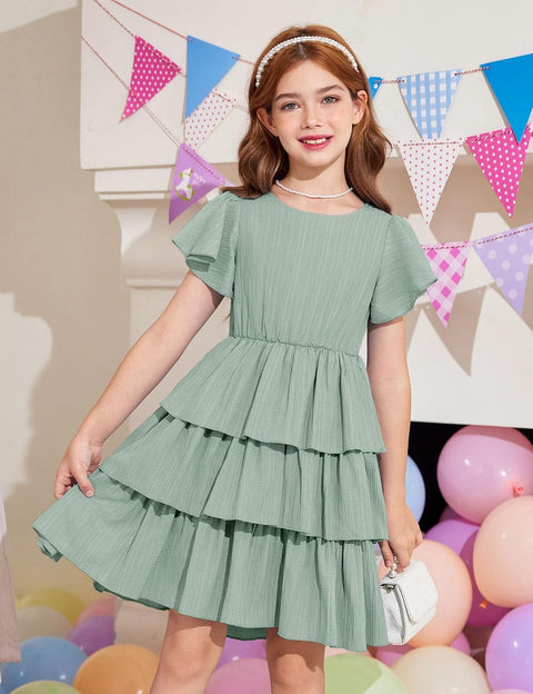 Arshiner Girls Dresses Elegant Ruffle Short Sleeve Back Tie Tiered Dresses