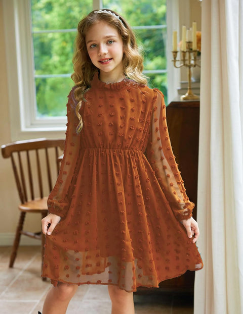 Arshiner Girls Dress Long Sleeve Swiss Dot Ruffle Collar Flowy A-Line Party Dress for Kids 5-13Y