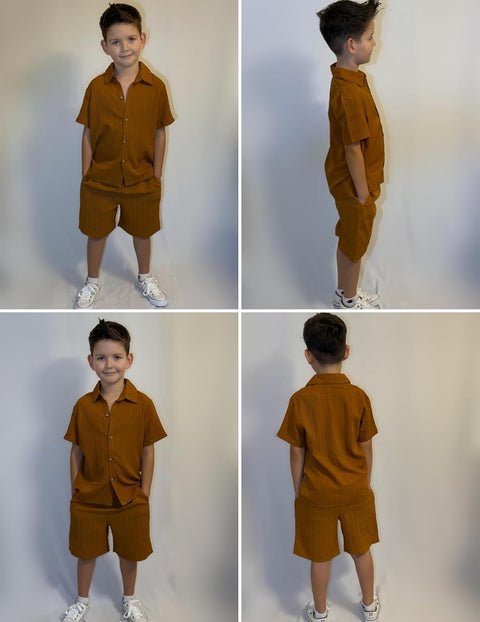 [5Y-12Y] Arshiner Boy's Textured Button Up Shirt and Shorts Set
