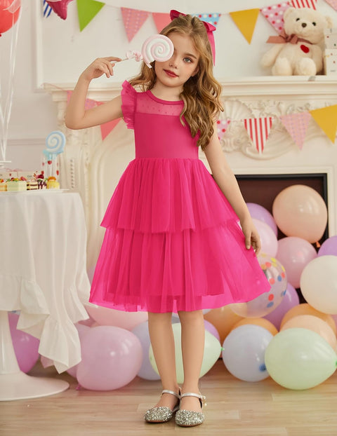 Arshiner Toddler Girls Tutu Sundress Ruffle Sleeve Double Fluffy Tiered Dresses