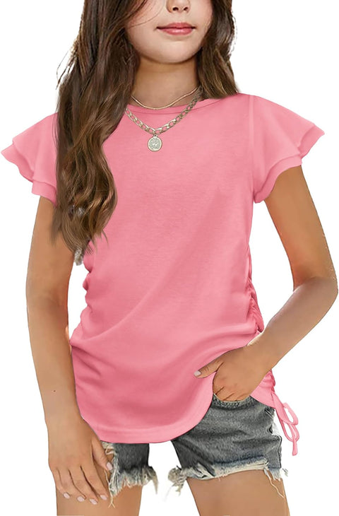 Arshiner Girls T Shirts Ruffle Short Sleeve Ruched Knot Side Tunic Blouse Summer Tee Tops