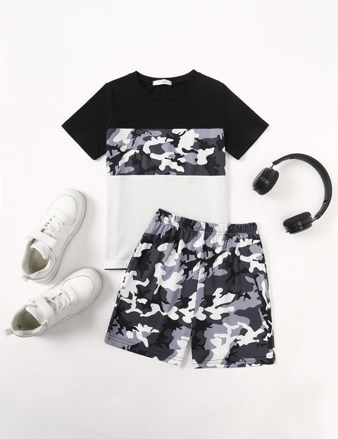 Arshiner Boys' 2-Piece Cotton Outfit Color Block T-Shirt and Shorts Set