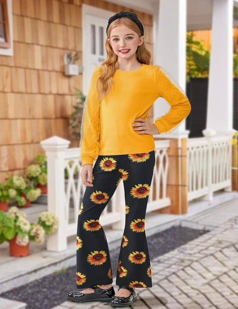 Arshiner Girls 2 Piece Outfits Knit Tulle Puff Top and Flare Pants Set