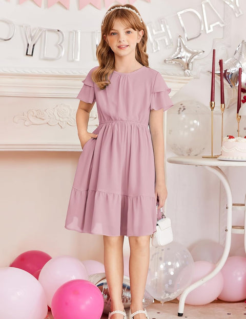 Arshiner Girls Dresses Formal Ruffle Sleeve Chiffon Pleated Dress