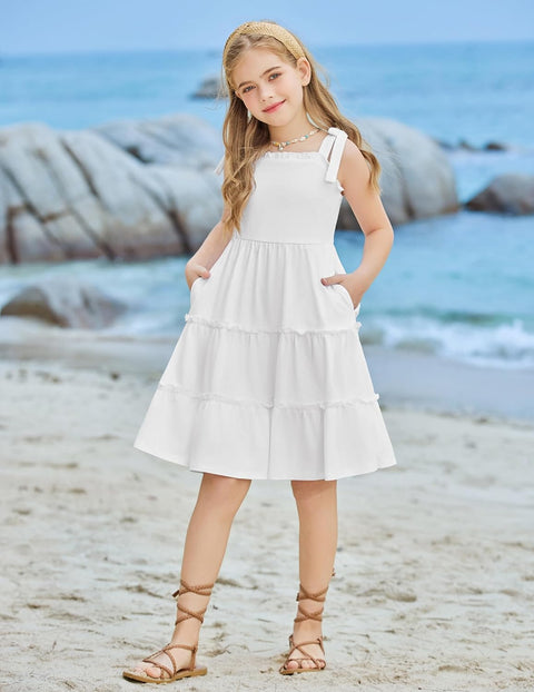 Arshiner Girls Dress Tween Boho Bowknot Strap Swing Flowy Dress