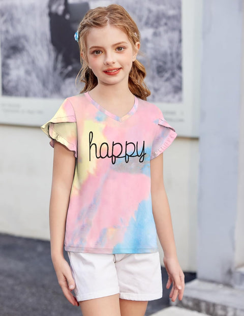 Arshiner Girls T Shirts Double Layer Ruffle Short Sleeve V Neck Tops Tee
