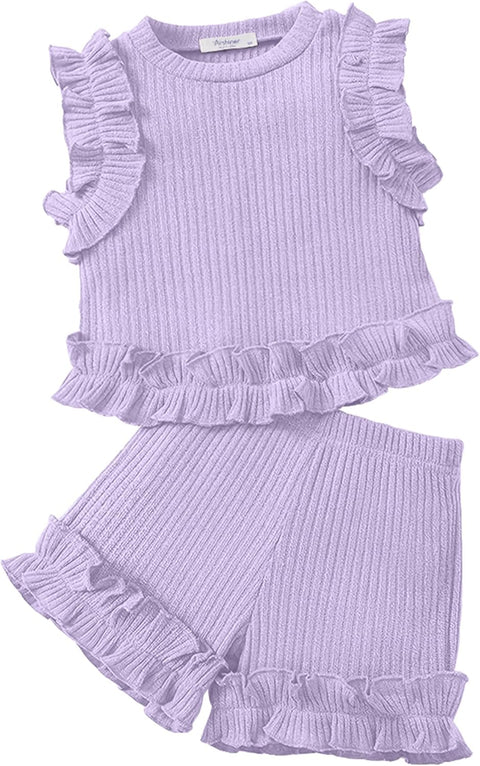 Arshiner Toddler Girls Clothes Ribbed Knit Ruffle Sleeveless Tops and Shorts with Pockets Cute Summer 2 Pieces Short Sets